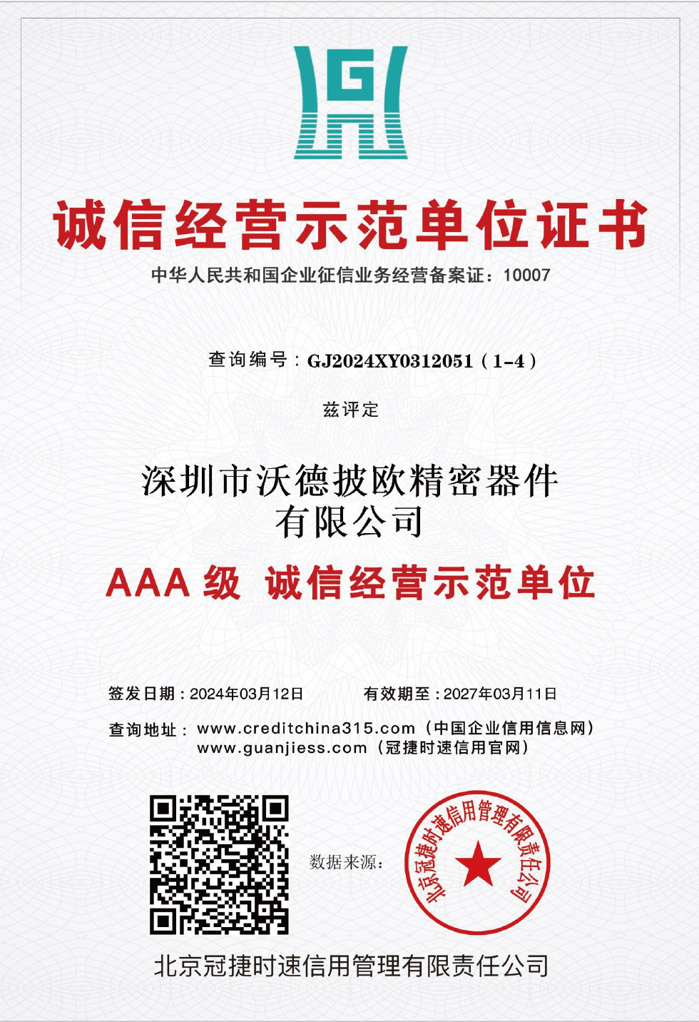 诚信经营示范单位证书
